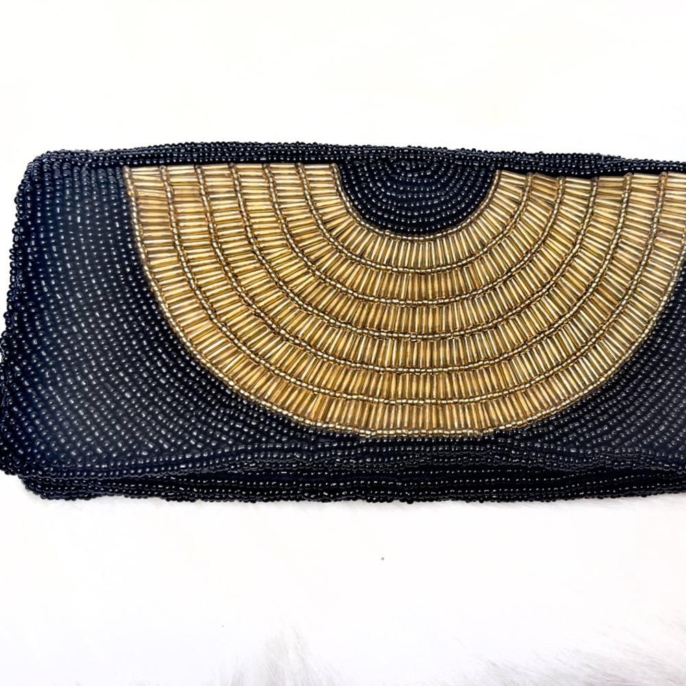 Moyna Black and Gold Beaded Cleopatra Fan Clutch